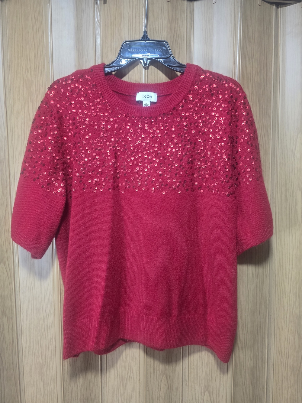 CeCe Red Sequin Short-Sleeve Sweater